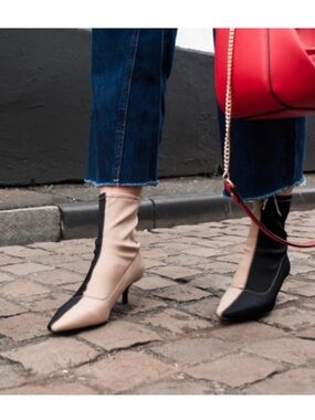 Zara Two-Tone Pointed Heeled Ankle Boots in Beige and Black